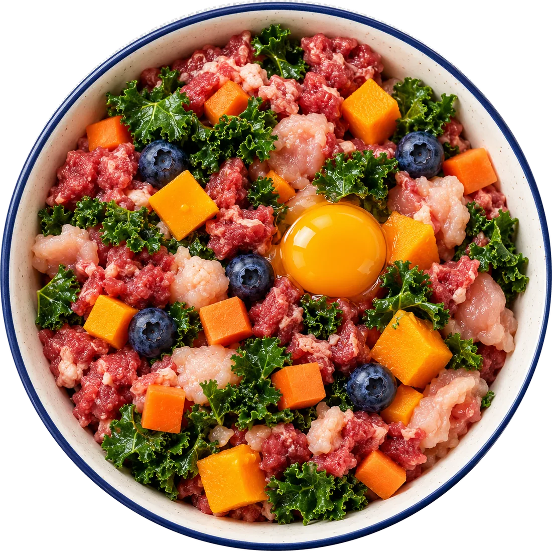 A bowl of fresh raw food with minced meat, pumpkin and peas
